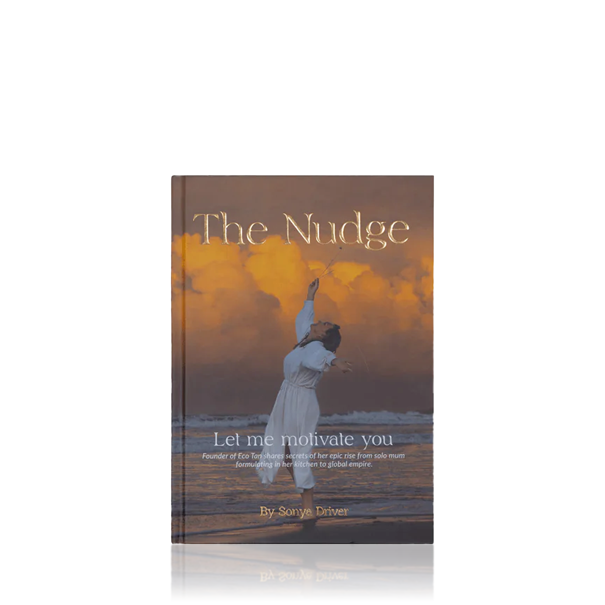 Book titled 'The Nudge' with a person in a white dress against a sunset sky on the cover.