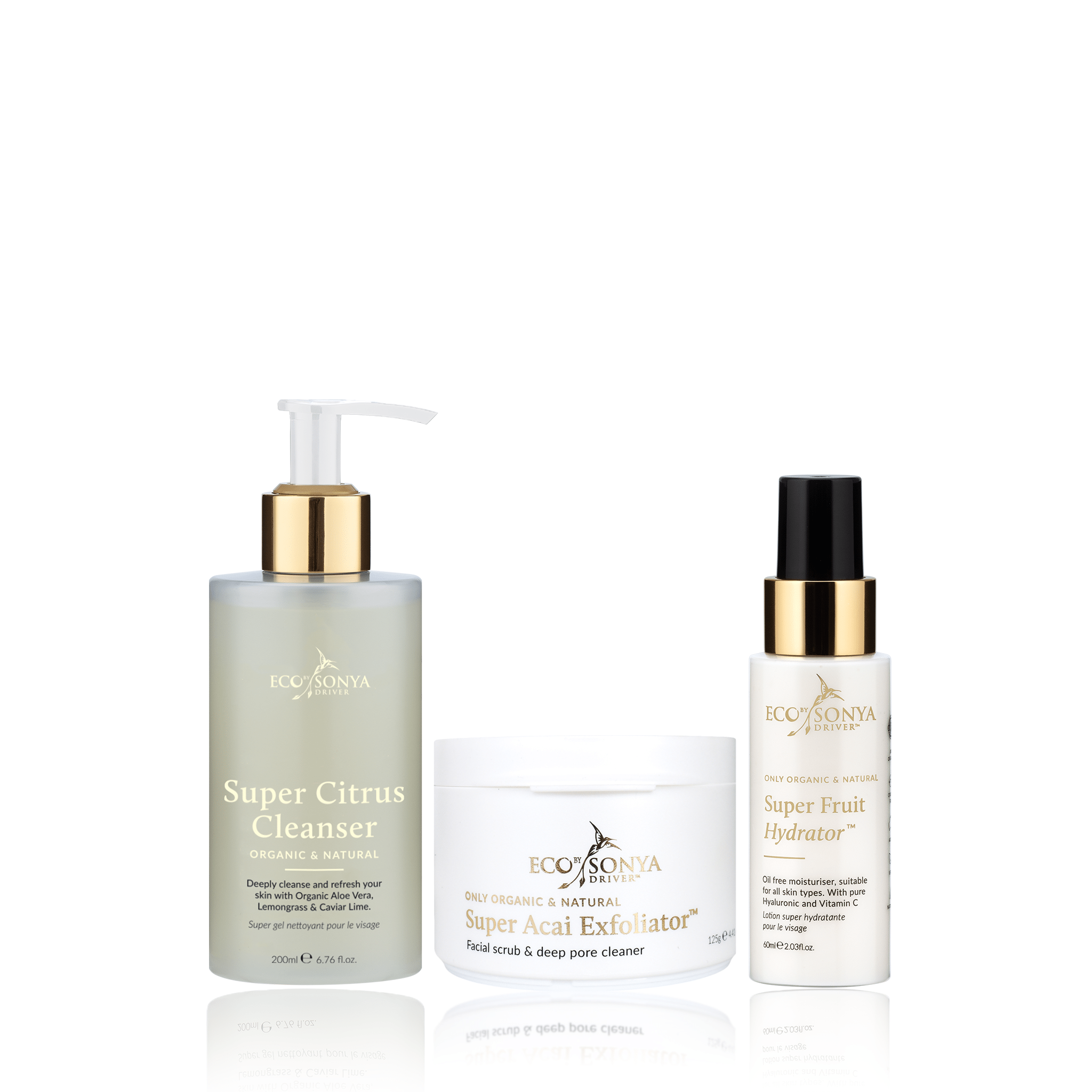 Three skincare products from Eco by Sonya on a white background