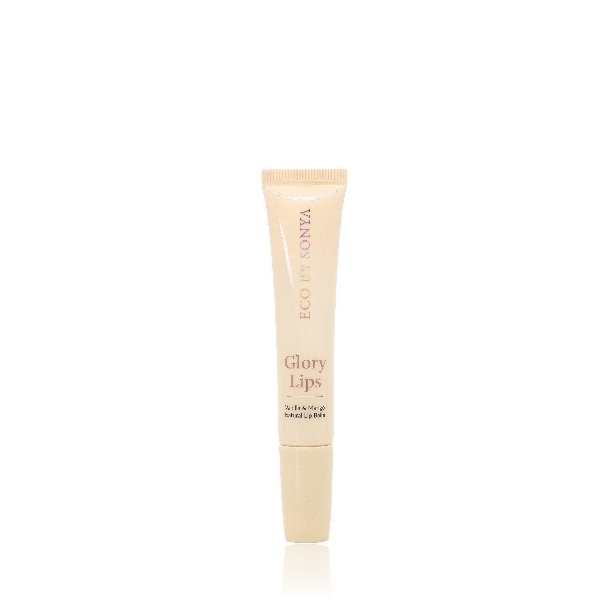 Eco By Sonya Glory Lips Naturally Lip Balm in a pale beige tube standing upright on a clean white background with a subtle reflection.