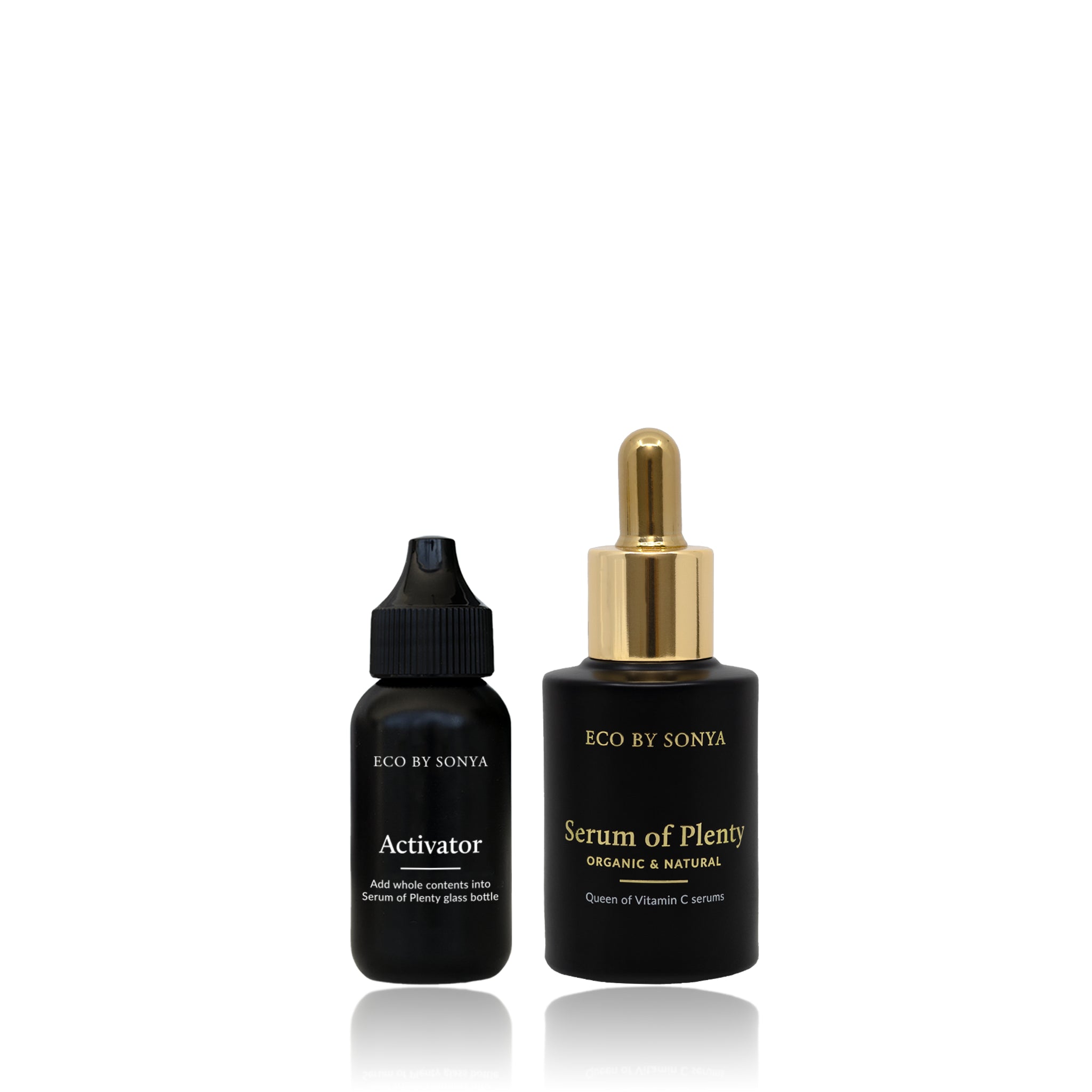 Eco By Sonya Serum of Plenty standing upright on a white background, with an activator positioned to its left.