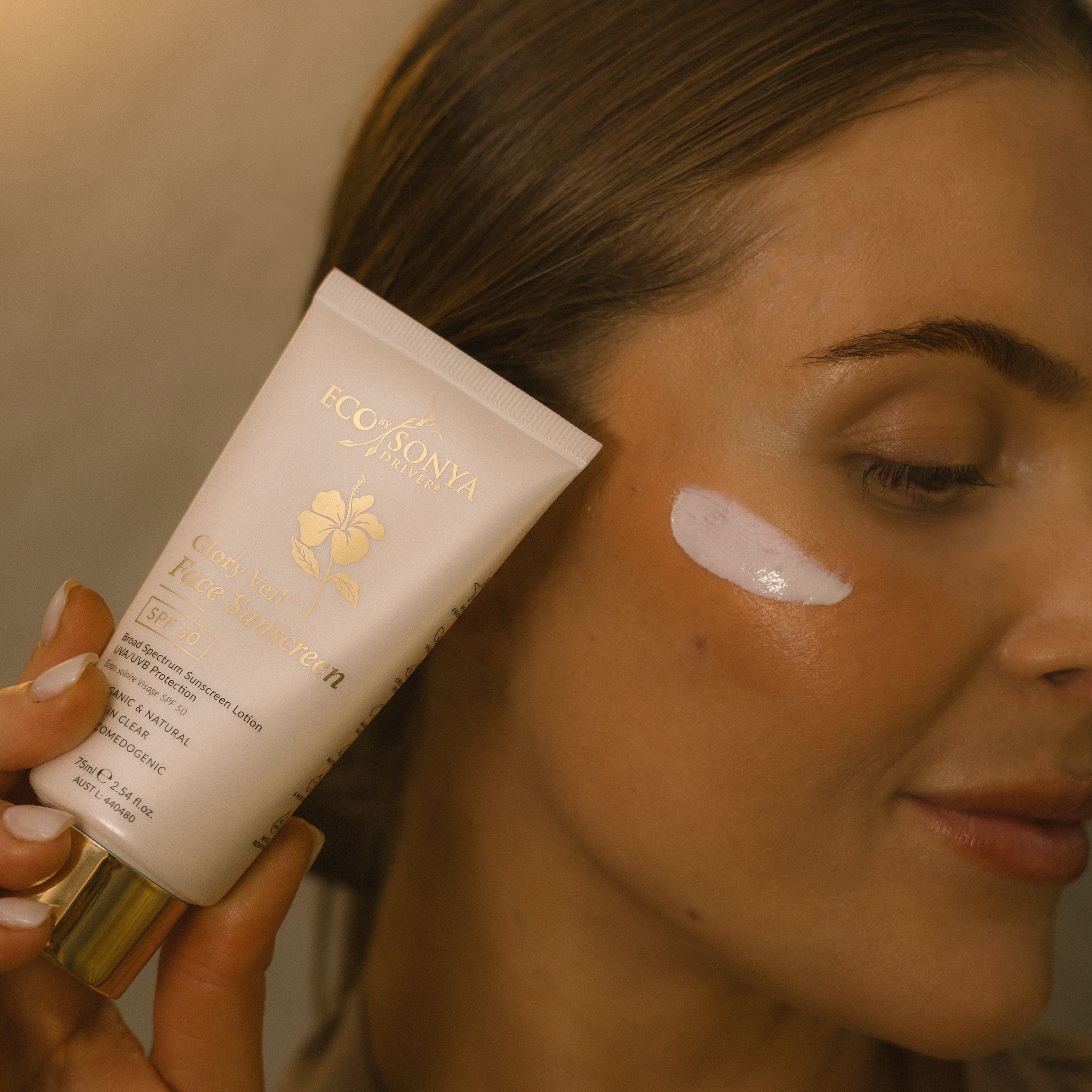 Eco by Sonya Glory Veil Face Sunscreen SPF 50 natural sunscreen smear on face portrait