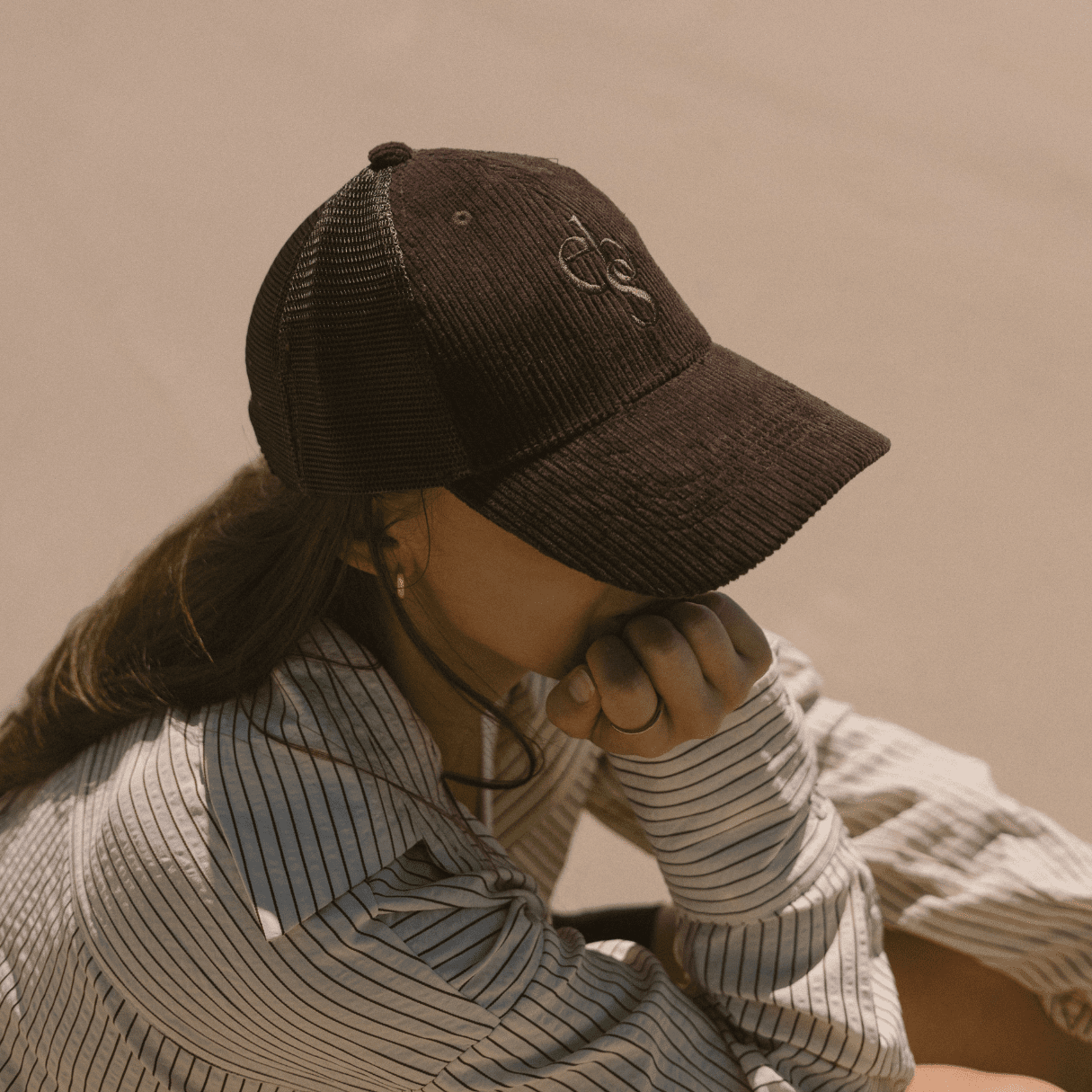 Eco by Sonya corduroy cap at beach