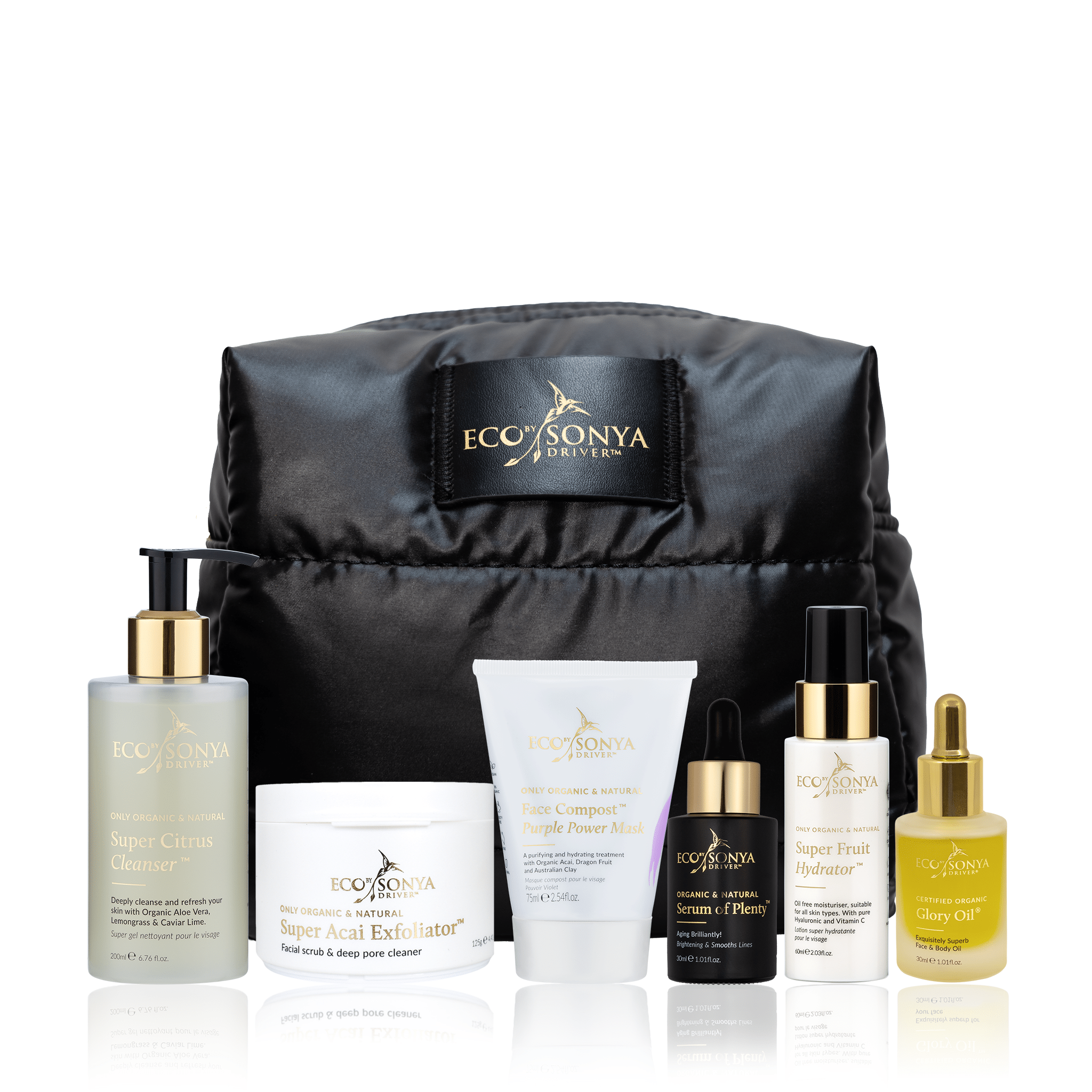 Eco By Sonya Hydration Skin System skincare with Black Cosmetic Bag 